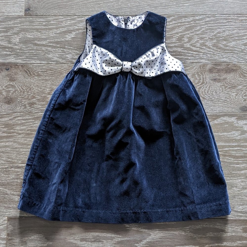 Sarah Louise England Vintage Navy Blue Velvet Polka Dot Bow Dress Size 3